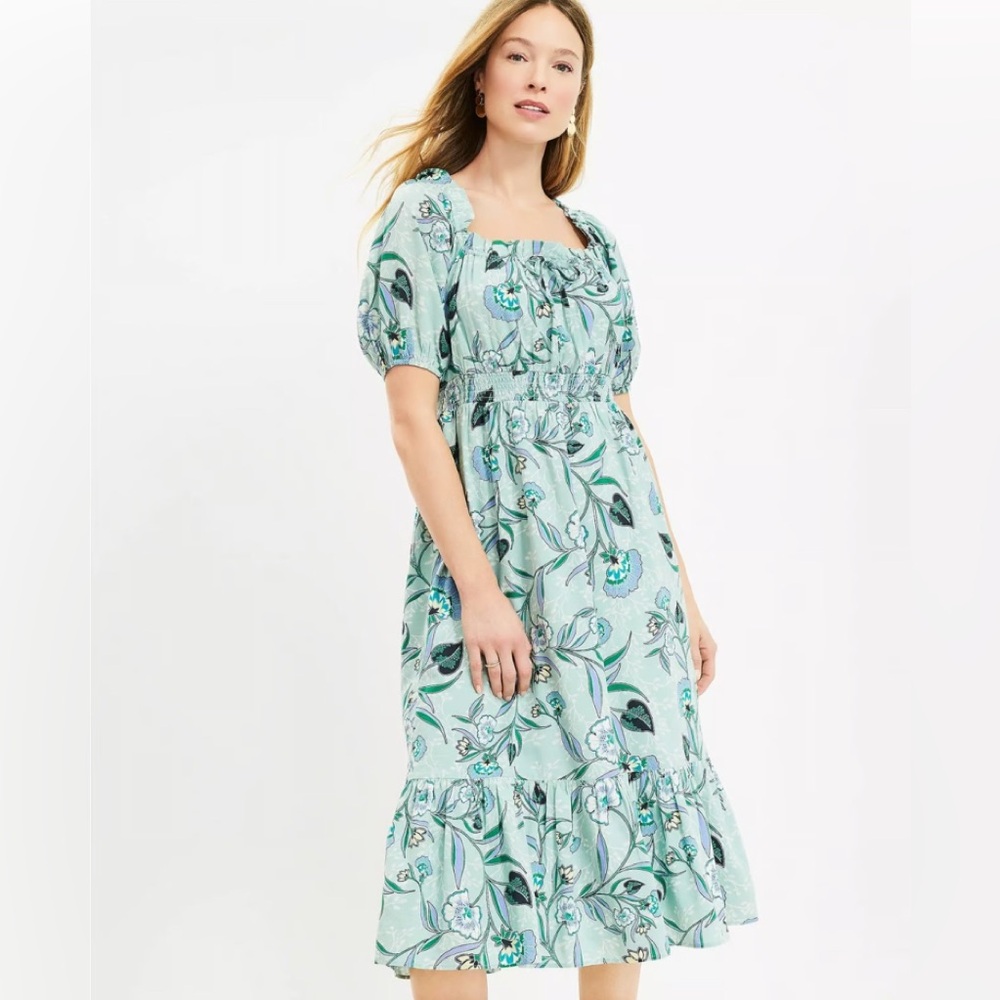 EUC Loft‎ Floral Smocked Square Neck Midi Dress